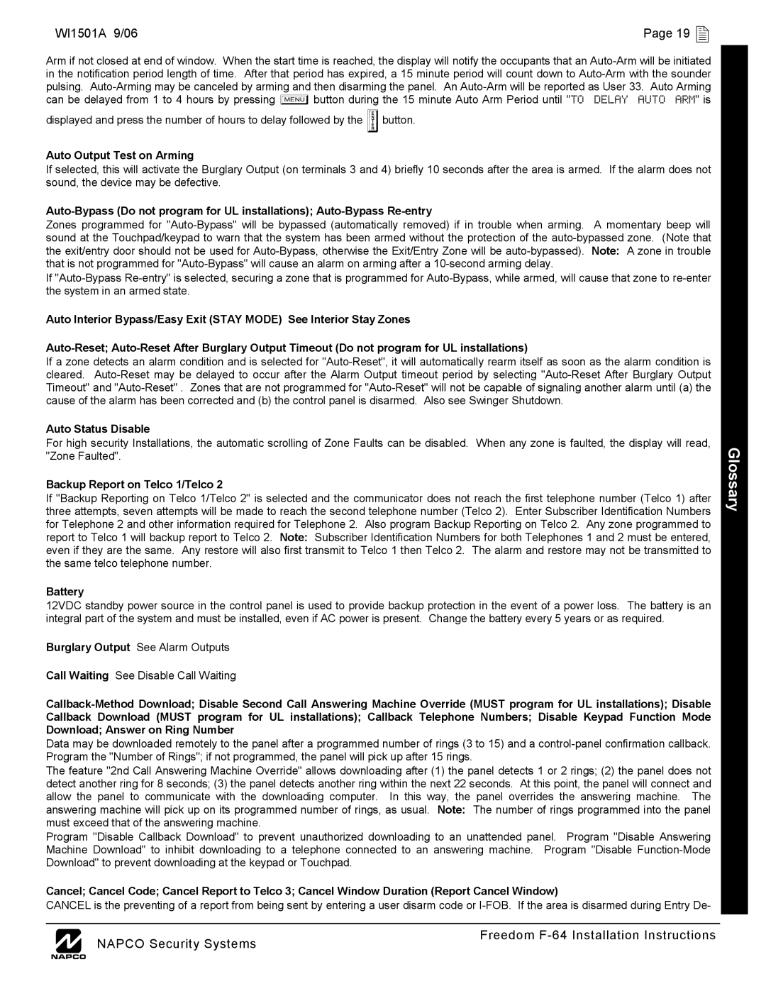 Napco Security Technologies WI1501A 9/06 19 , Auto Output Test on Arming, Auto Status Disable, Battery 