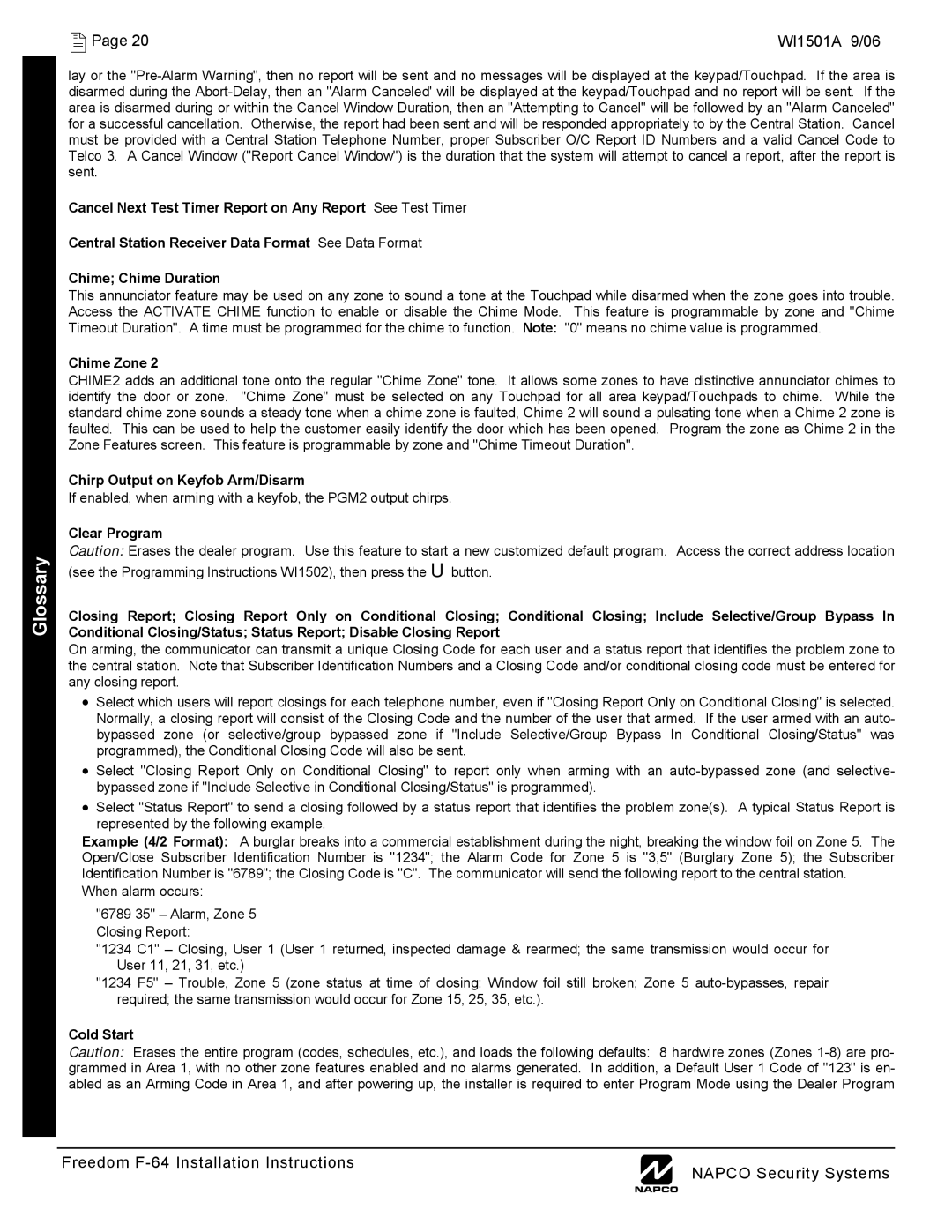 Napco Security Technologies WI1501A installation instructions Chime Zone, Chirp Output on Keyfob Arm/Disarm, Cold Start 