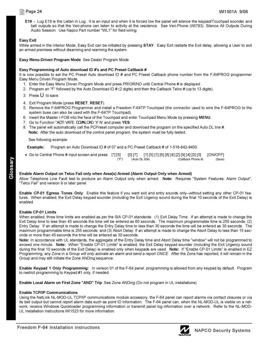 Napco Security Technologies WI1501A installation instructions Easy Exit, Enable CP-01 Limits, Enable TCP/IP Communications 