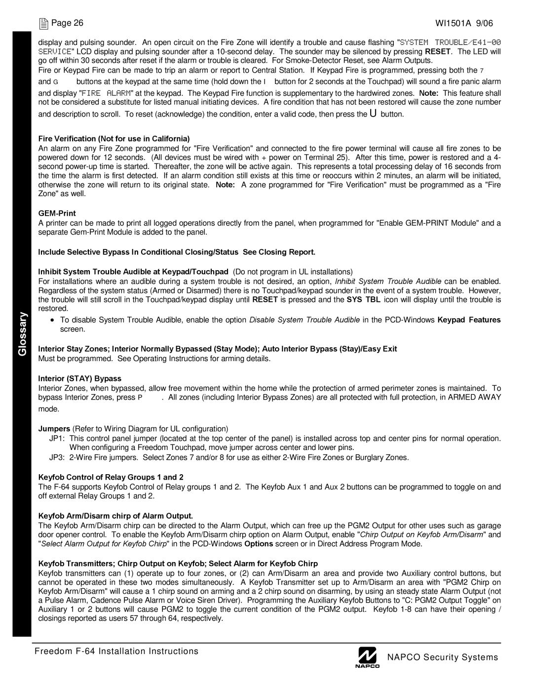 Napco Security Technologies WI1501A installation instructions Fire Verification Not for use in California, GEM-Print 