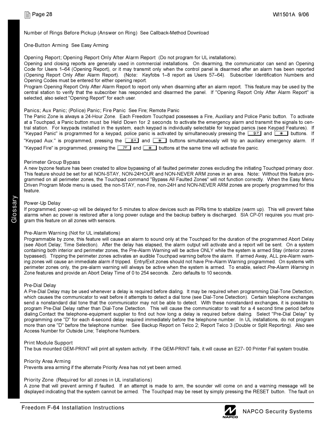 Napco Security Technologies installation instructions Page 28WI1501A 9/06 