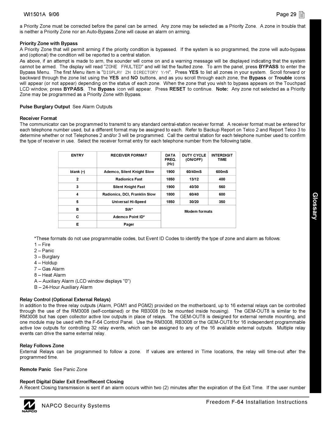 Napco Security Technologies installation instructions WI1501A 9/06 29  