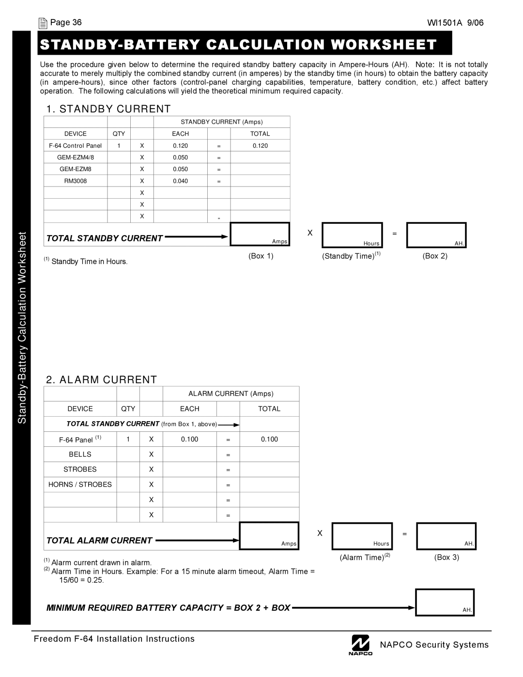 Napco Security Technologies WI1501A STANDBY-BATTERY Calculation Worksheet, Standby Time in Hours Box Standby Time1 