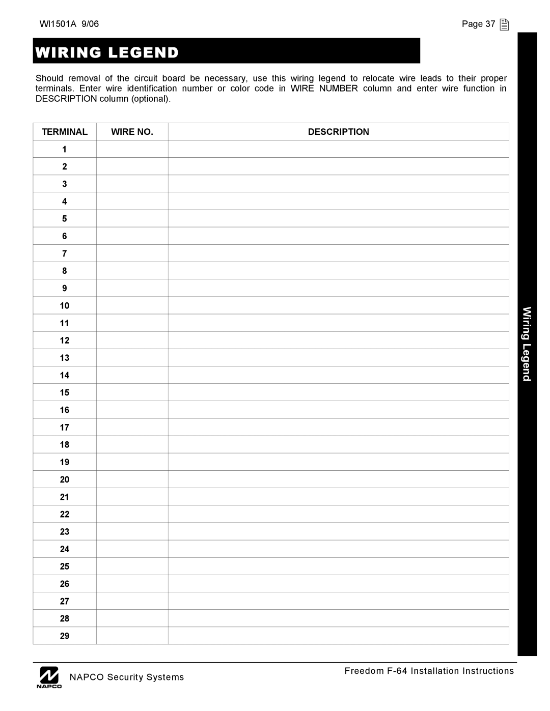 Napco Security Technologies installation instructions Wiring Legend, WI1501A 9/06 37  