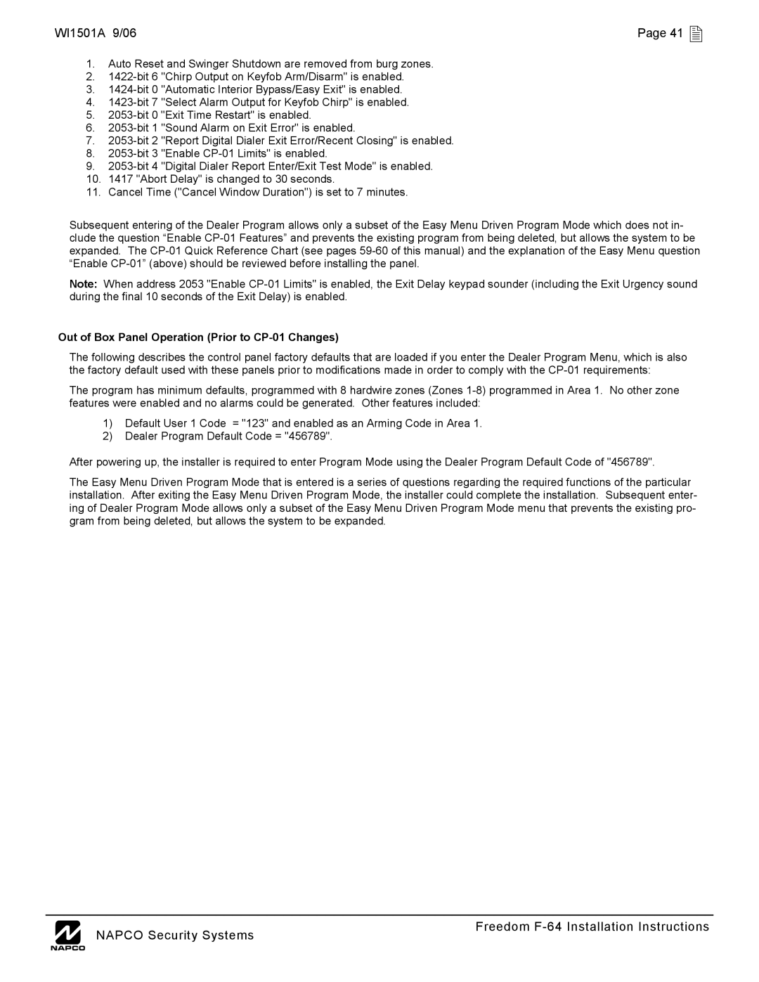 Napco Security Technologies WI1501A 9/06 41 , Out of Box Panel Operation Prior to CP-01 Changes 