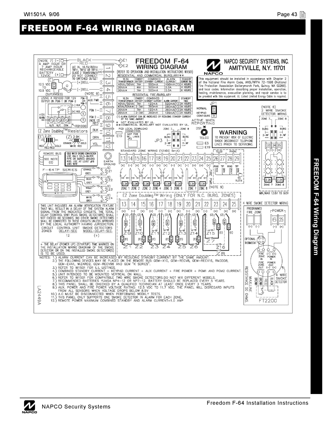 Napco Security Technologies installation instructions Freedom F-64 Wiring Diagram, WI1501A 9/06 43  