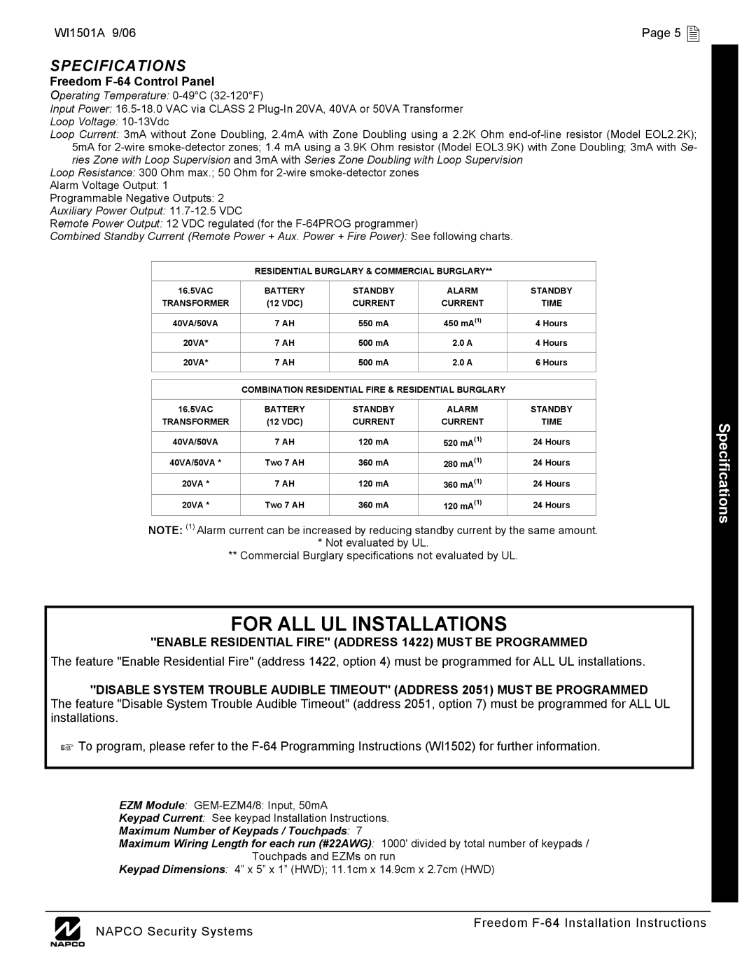 Napco Security Technologies installation instructions Specifications, WI1501A 9/06 5  