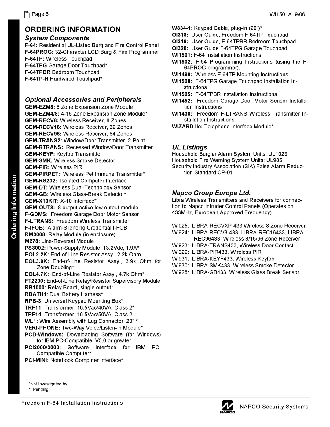 Napco Security Technologies WI1501A installation instructions Ordering Information, System Components 