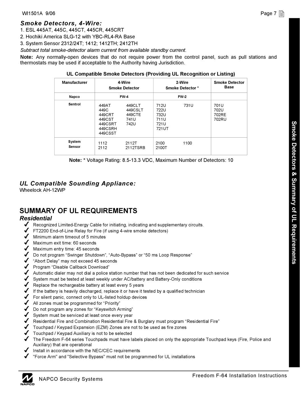 Napco Security Technologies installation instructions Summary of UL Requirements, WI1501A 9/06 7 , Wheelock AH-12WP 