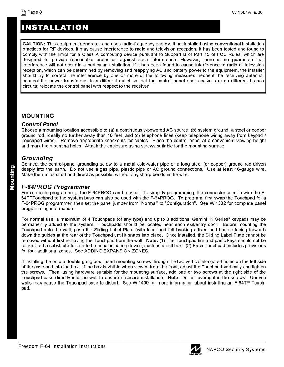 Napco Security Technologies WI1501A installation instructions Installation, Control Panel 