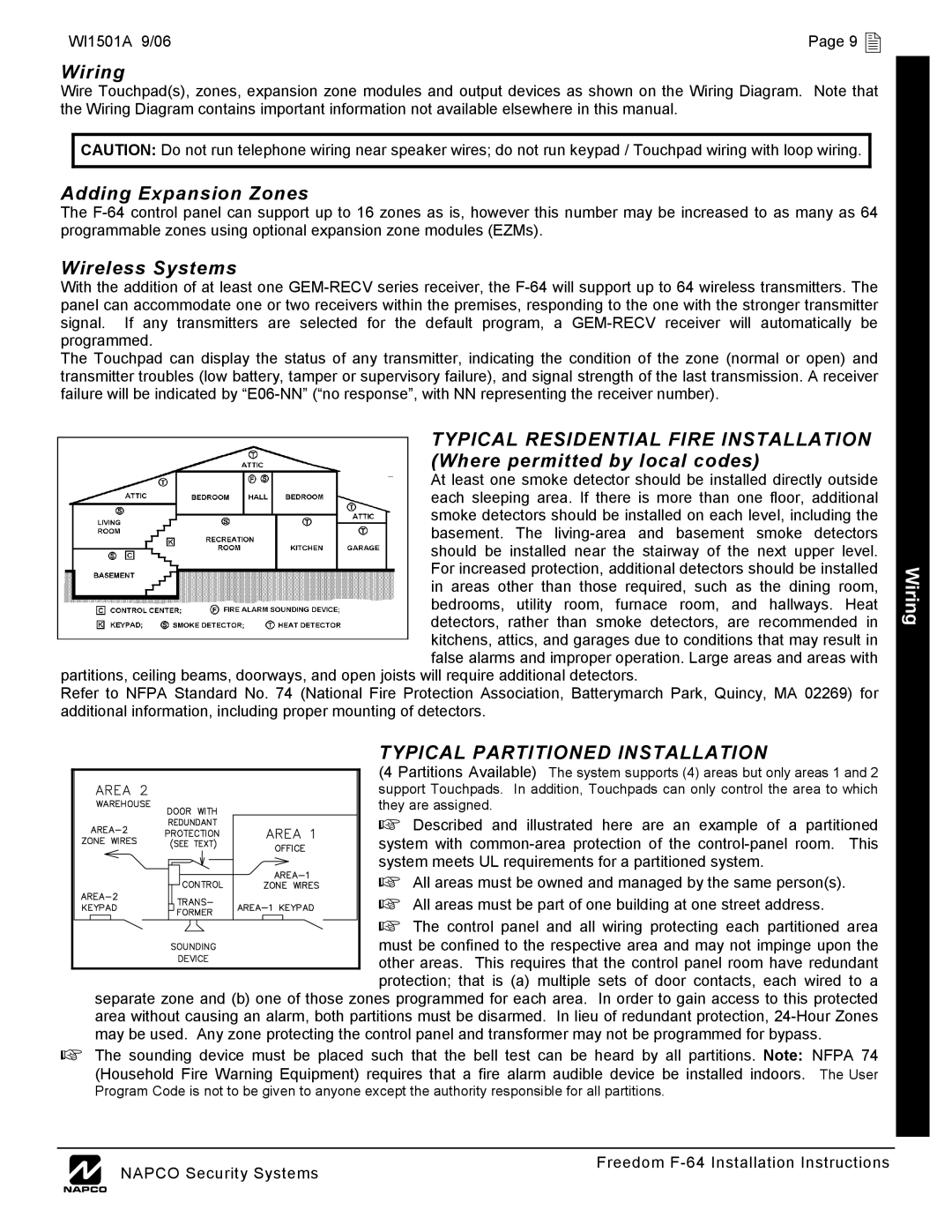 Napco Security Technologies installation instructions Wiring, WI1501A 9/06 9  