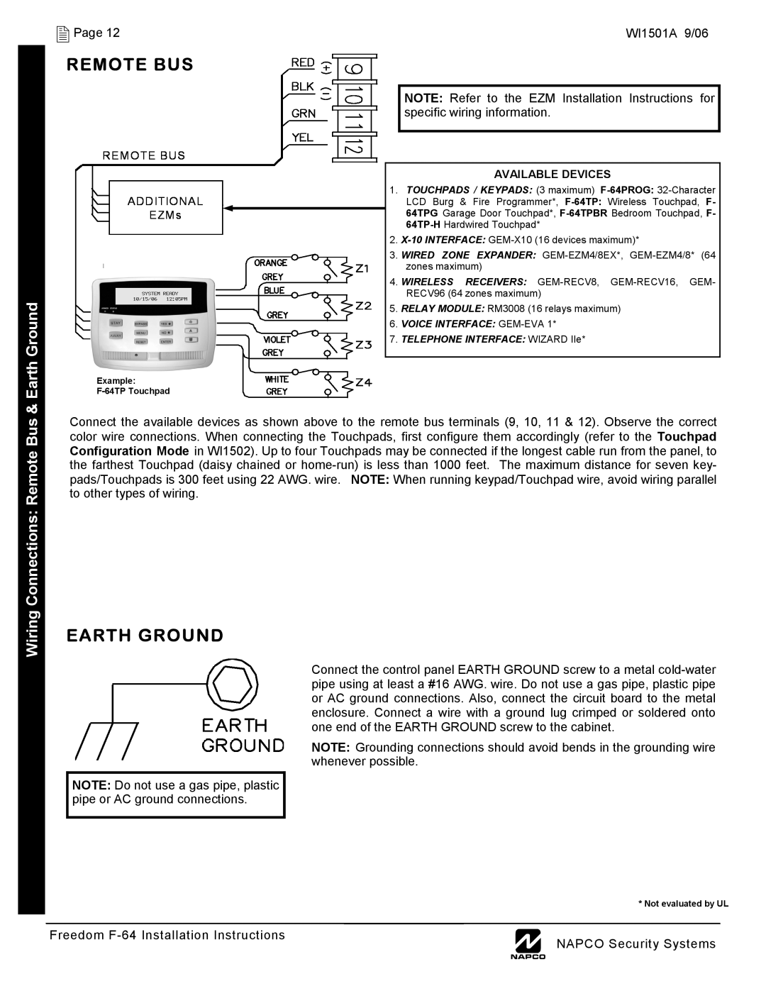 Napco Security Technologies WI1501A installation instructions Earth Ground, Wiring Connections Remote Bus 