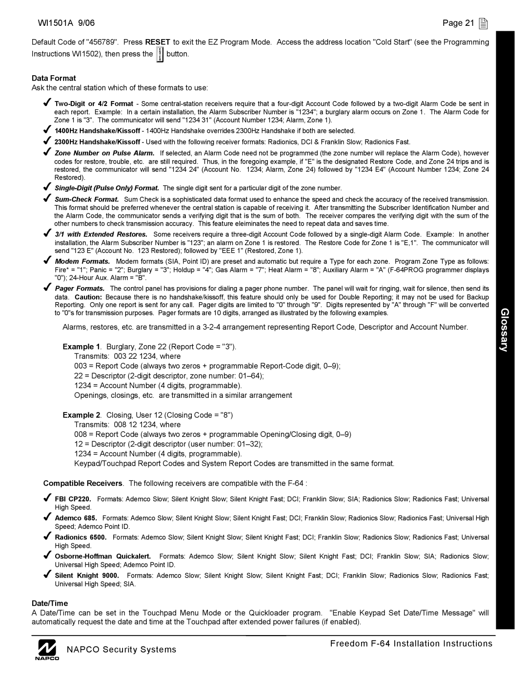 Napco Security Technologies Glossary, WI1501A 9/06, Page 21 , L NAPCO Security Systems, Data Format, Date/Time 