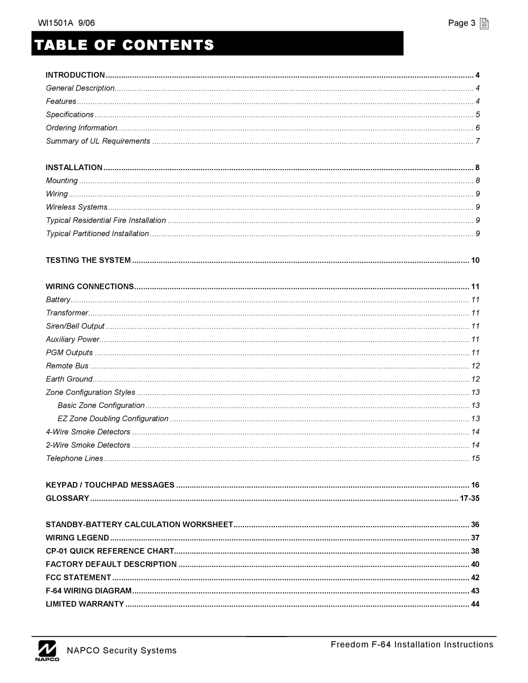 Napco Security Technologies Table Of Contents, WI1501A 9/06, Page 3 , General Description, Features, Specifications 