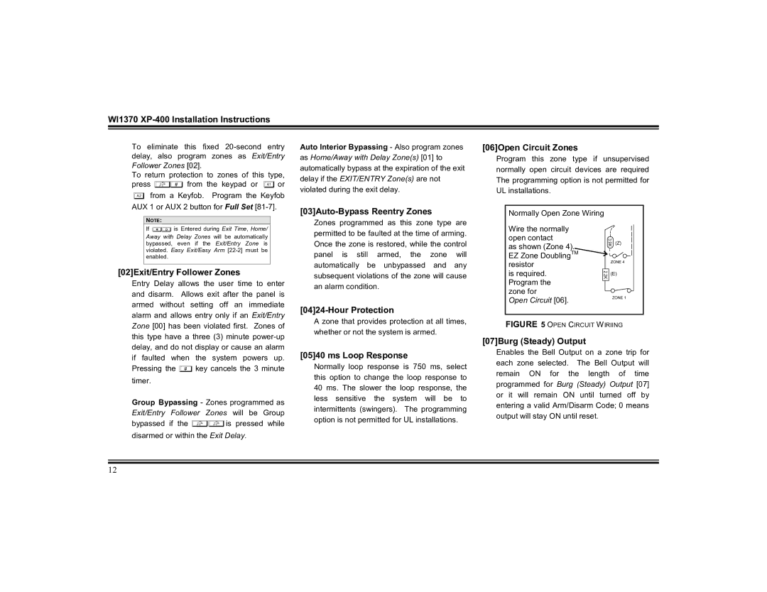 Napco Security Technologies XP-400 03Auto-Bypass Reentry Zones, 06Open Circuit Zones, 02Exit/Entry Follower Zones 