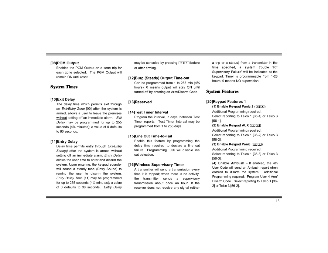 Napco Security Technologies XP-400 installation instructions System Times, System Features 