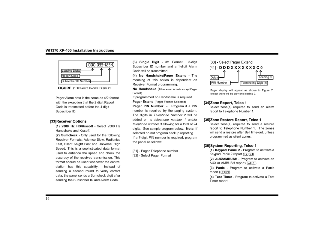 Napco Security Technologies XP-400 33Receiver Options, 34Zone Report, Telco, 35Zone Restore Report, Telco 