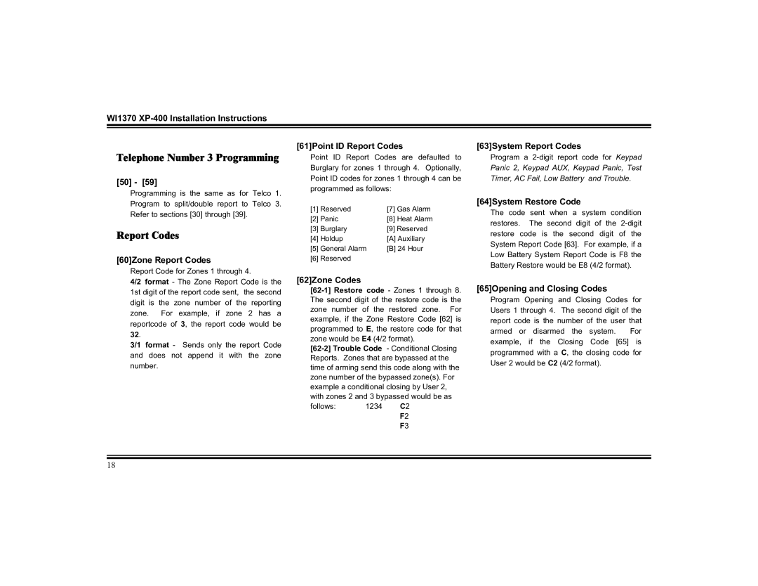 Napco Security Technologies XP-400 installation instructions Telephone Number 3 Programming, Report Codes 