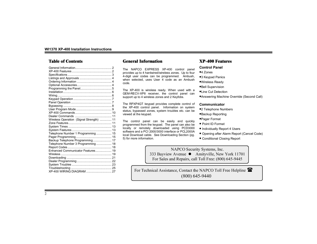 Napco Security Technologies installation instructions Table of Contents, General Information, XP-400 Features 