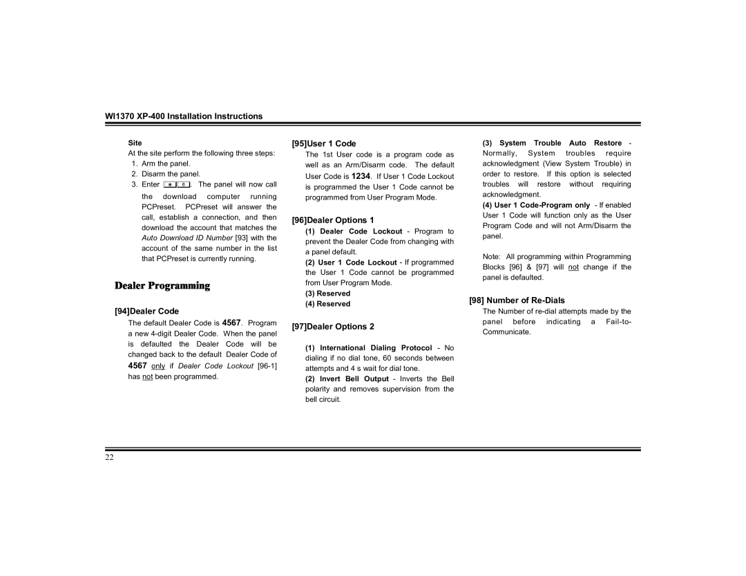 Napco Security Technologies XP-400 installation instructions Dealer Programming 