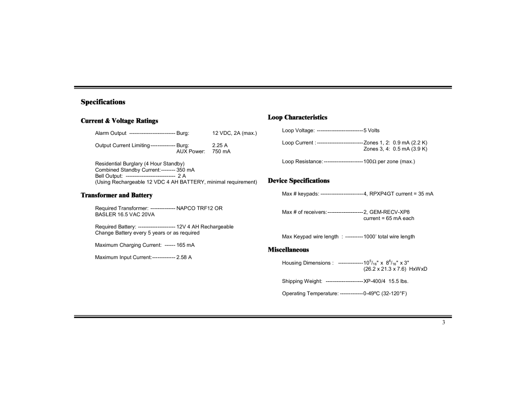 Napco Security Technologies XP-400 installation instructions Specifications, Current & Voltage Ratings 