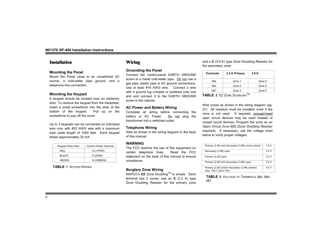 Napco Security Technologies XP-400 installation instructions Installation, Wiring 