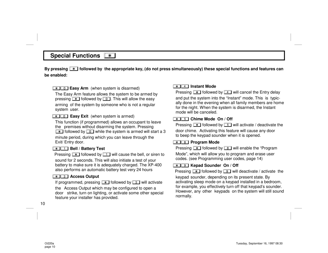 Napco Security Technologies XP-400 manual Special Functions, Easy Arm when system is disarmed 