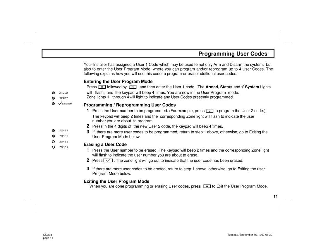 Napco Security Technologies XP-400 manual Programming User Codes, Entering the User Program Mode 