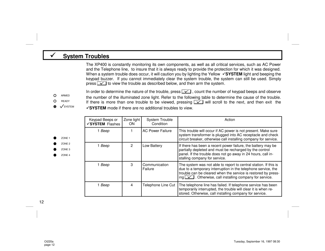 Napco Security Technologies XP-400 manual 9System Troubles, System Flashes 