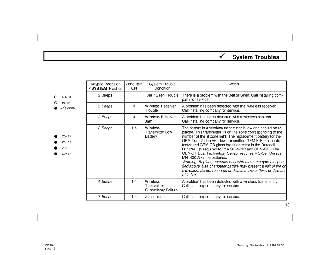 Napco Security Technologies XP-400 manual Fire 