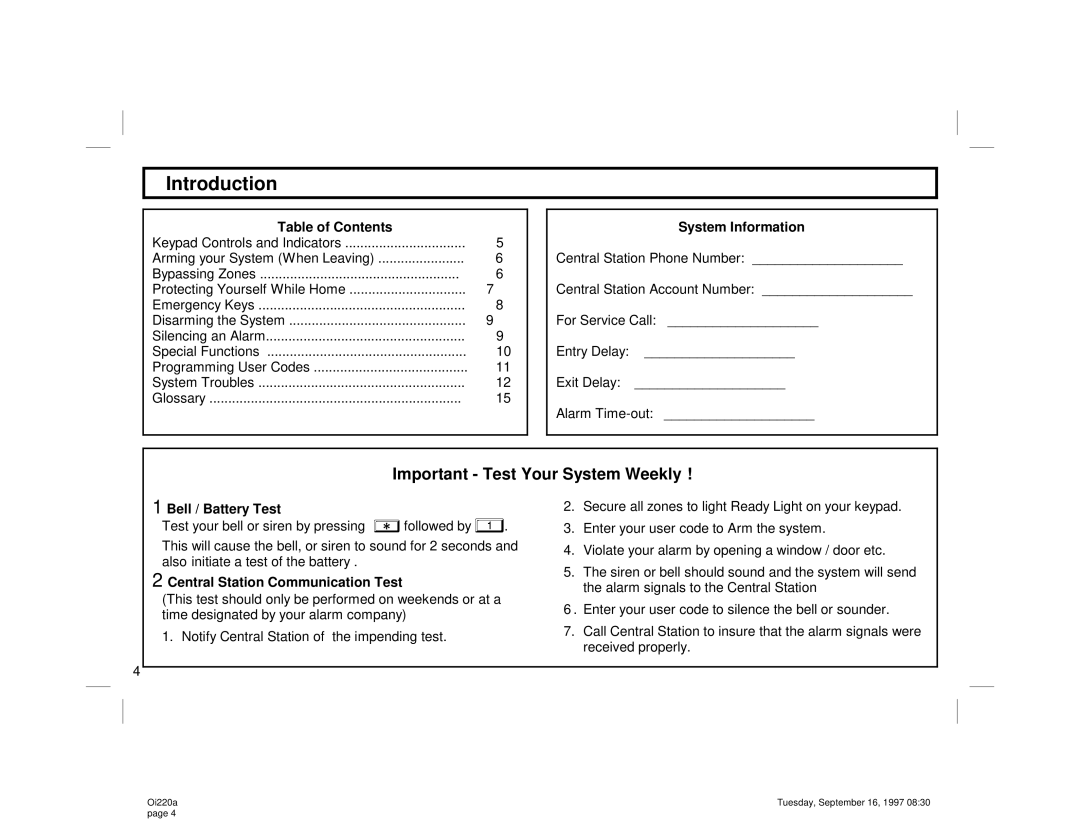 Napco Security Technologies XP-400 manual Important Test Your System Weekly, Table of Contents 