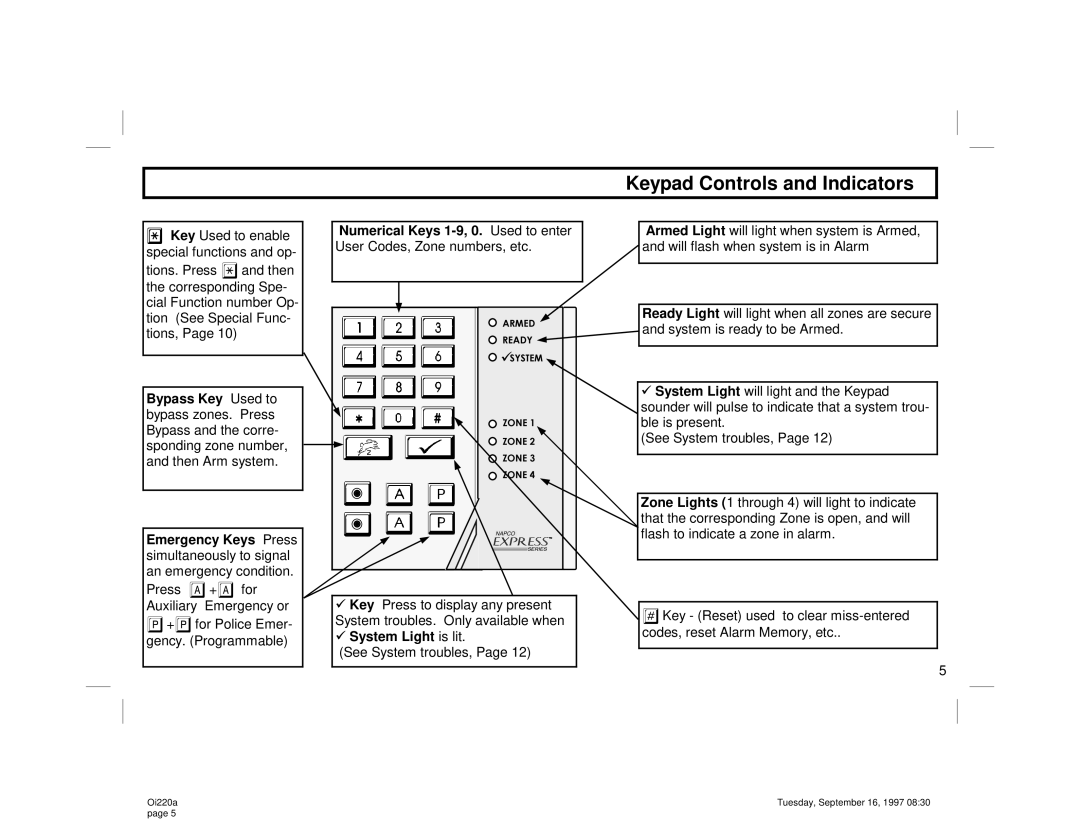 Napco Security Technologies XP-400 manual $50$, Keypad Controls and Indicators 