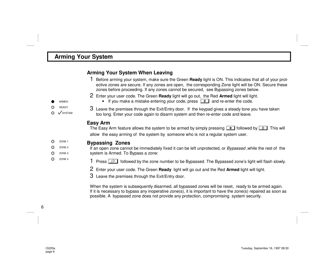 Napco Security Technologies XP-400 manual Arming Your System When Leaving, Easy Arm, Bypassing Zones 