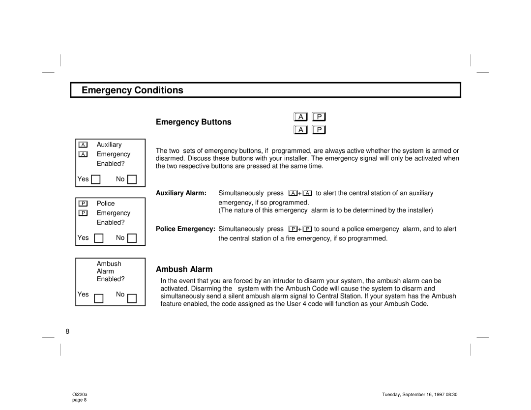 Napco Security Technologies XP-400 manual Emergency Conditions, Emergency Buttons, Ambush Alarm 