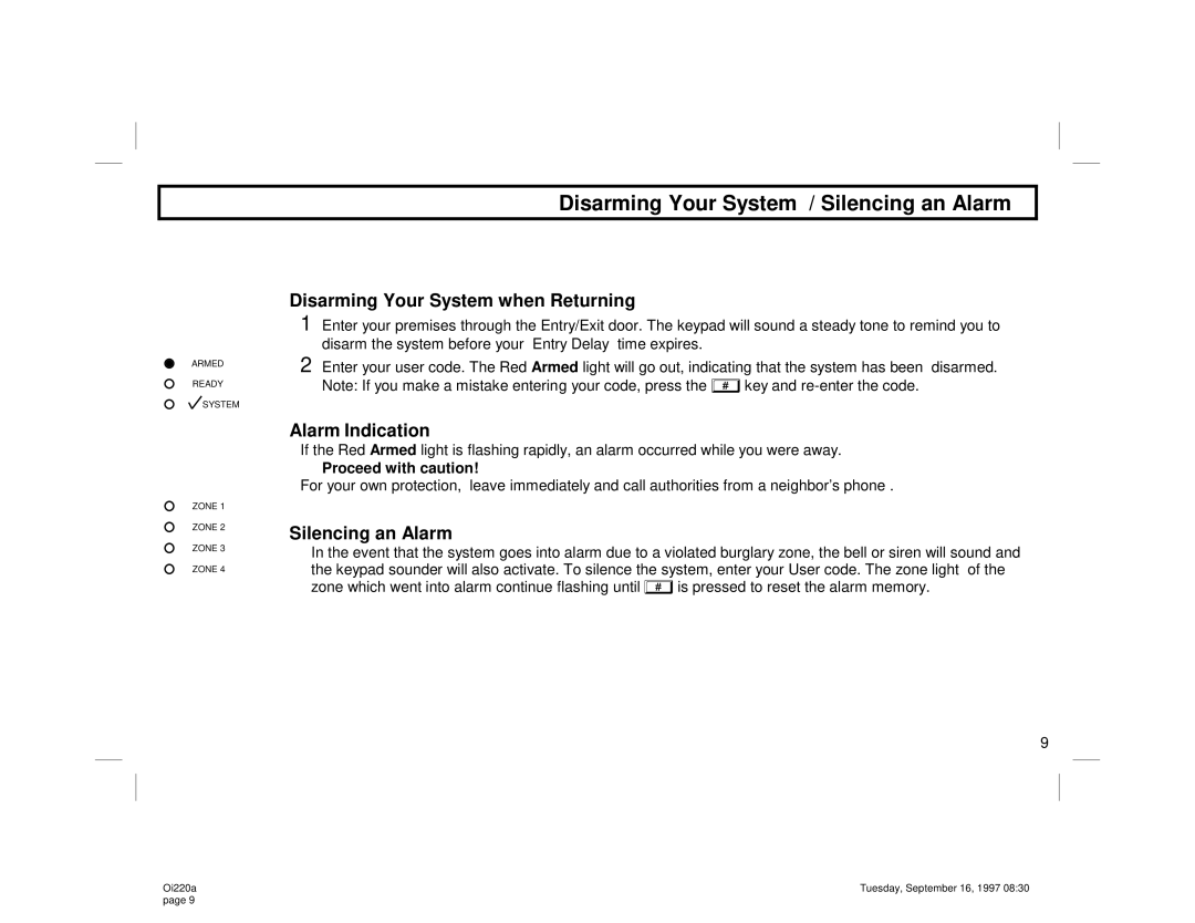 Napco Security Technologies XP-400 manual Disarming Your System / Silencing an Alarm, Disarming Your System when Returning 