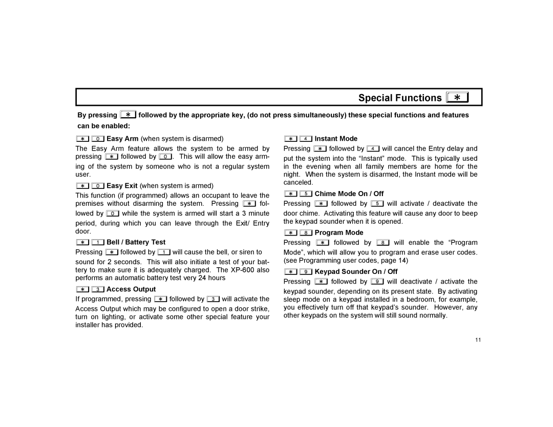 Napco Security Technologies XP-600 manual Special Functions a, A1Bell / Battery Test 