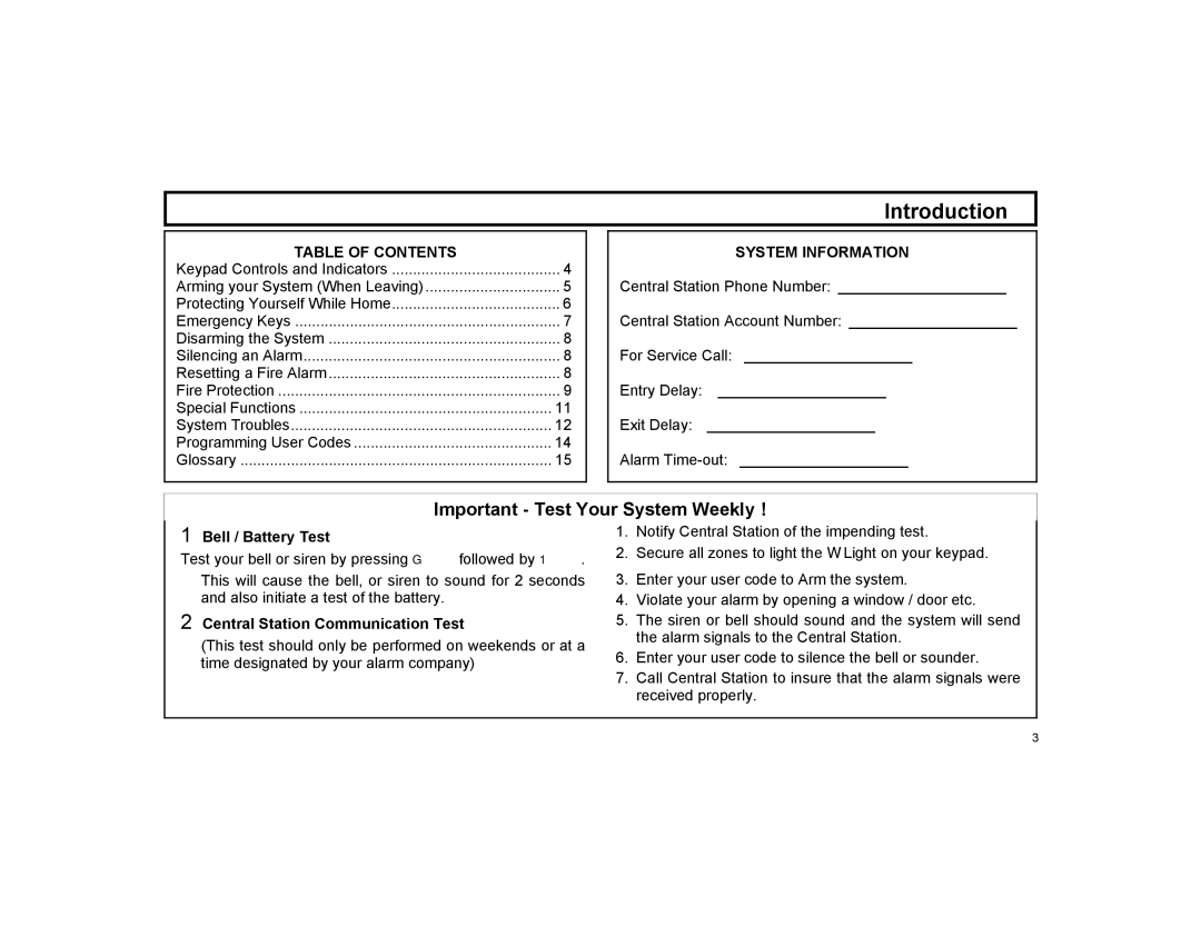 Napco Security Technologies XP-600 manual Important Test Your System Weekly, Table of Contents 