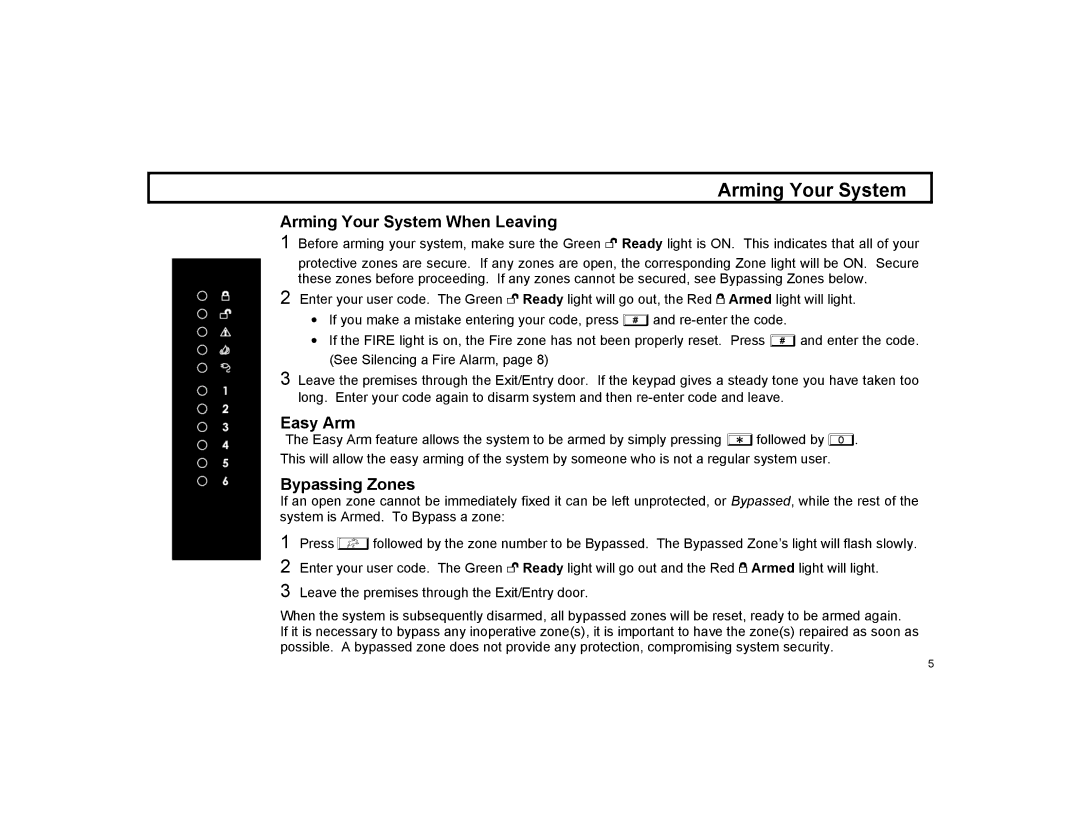 Napco Security Technologies XP-600 manual Arming Your System When Leaving, Easy Arm, Bypassing Zones 