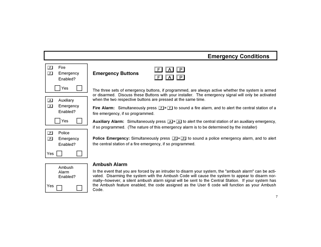 Napco Security Technologies XP-600 manual Emergency Conditions, Emergency Buttons, Ambush Alarm 