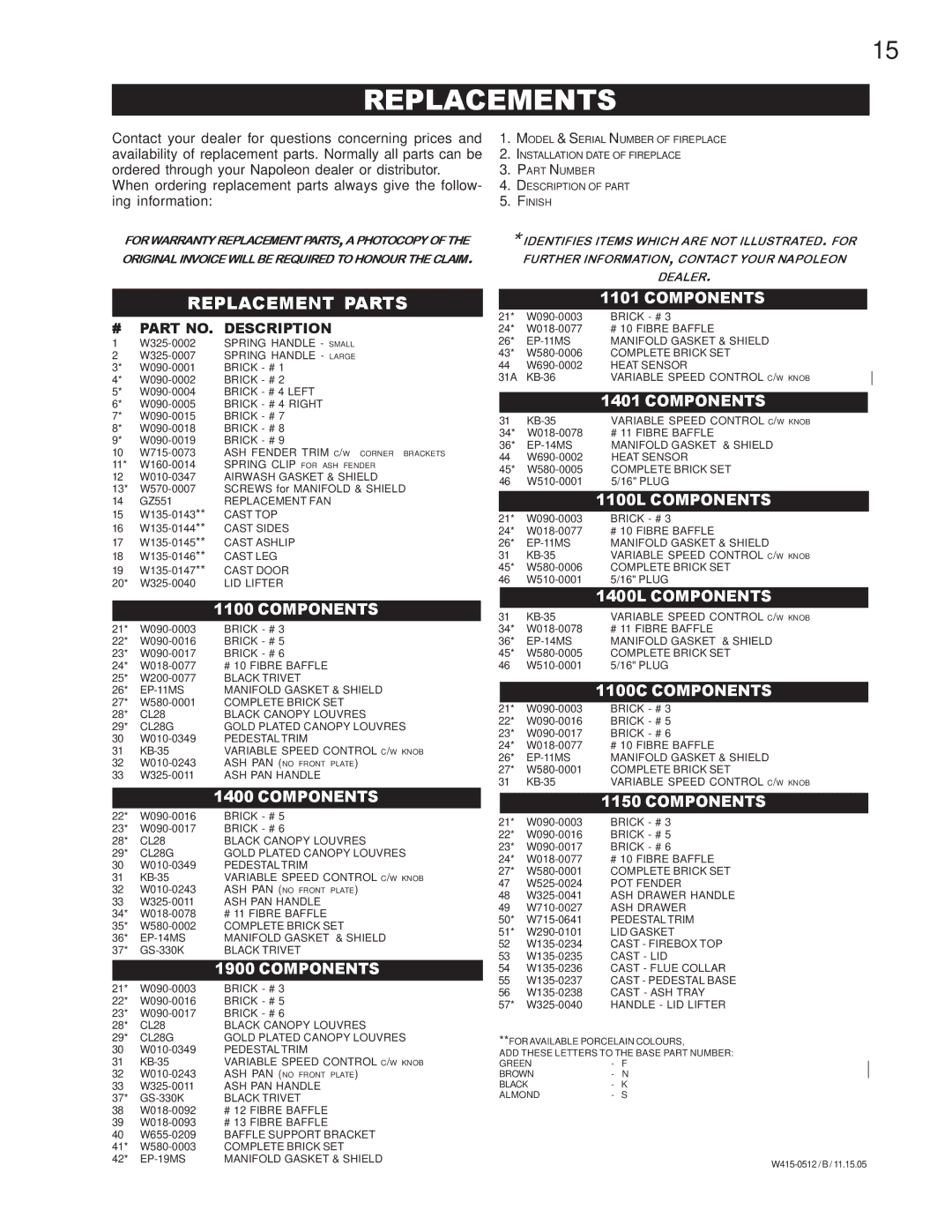 Napoleon Fireplaces 1401, 1400L, 1900 EPI 1101, 1100L, 1150, 1100C specifications Replacements, Replacement Parts 