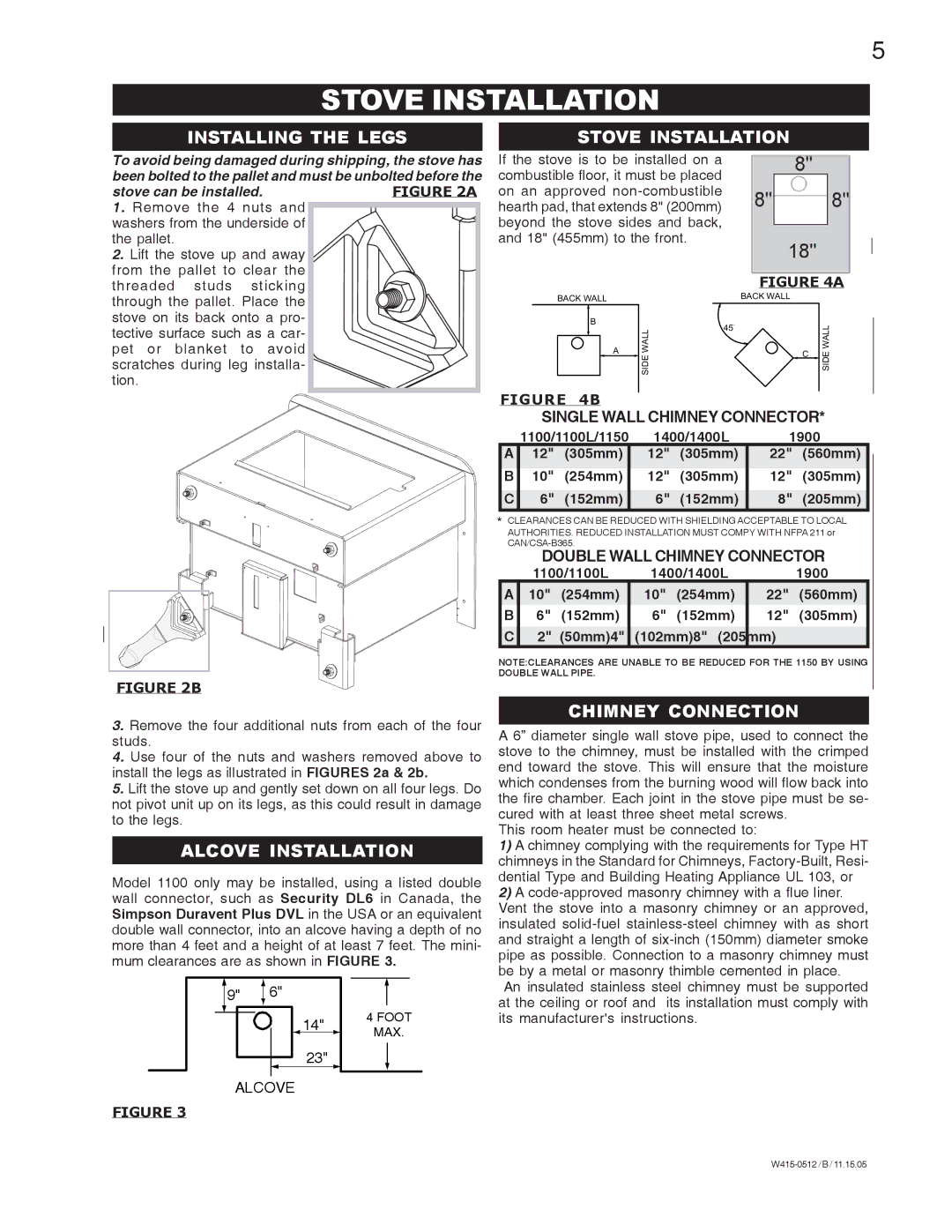 Napoleon Fireplaces 1100C, 1400L, 1401 Stove Installation, Installing the Legs, Alcove Installation, Chimney Connection 