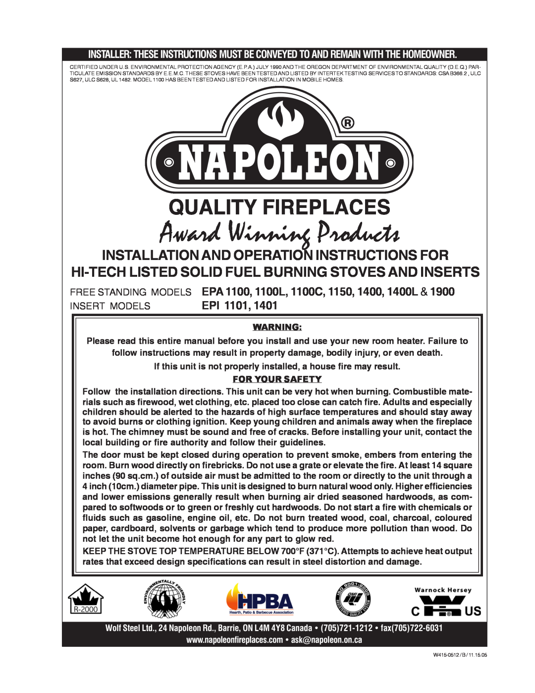 Napoleon Fireplaces 1401, 1400L, 1100L specifications Installation And Operation Instructions For, Epi, For Your Safety 
