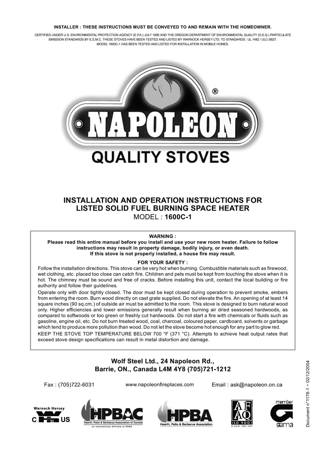 Napoleon Fireplaces 1600C-1 specifications Fax Email ask@napoleon.on.ca, For Your Safety 