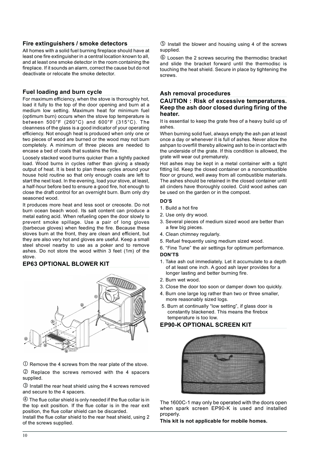 Napoleon Fireplaces 1600C-1 Fire extinguishers / smoke detectors, Fuel loading and burn cycle, EP63 Optional Blower KIT 