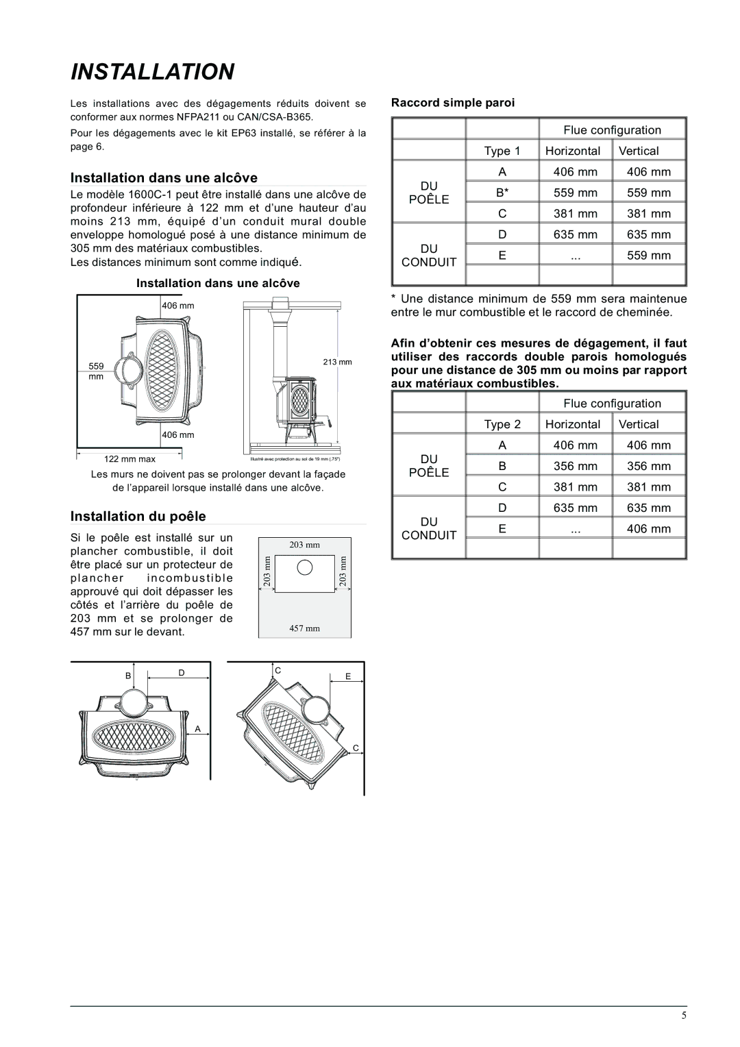 Napoleon Fireplaces 1600C-1 specifications Installation dans une alcôve, Installation du poêle, Poêle, Conduit 