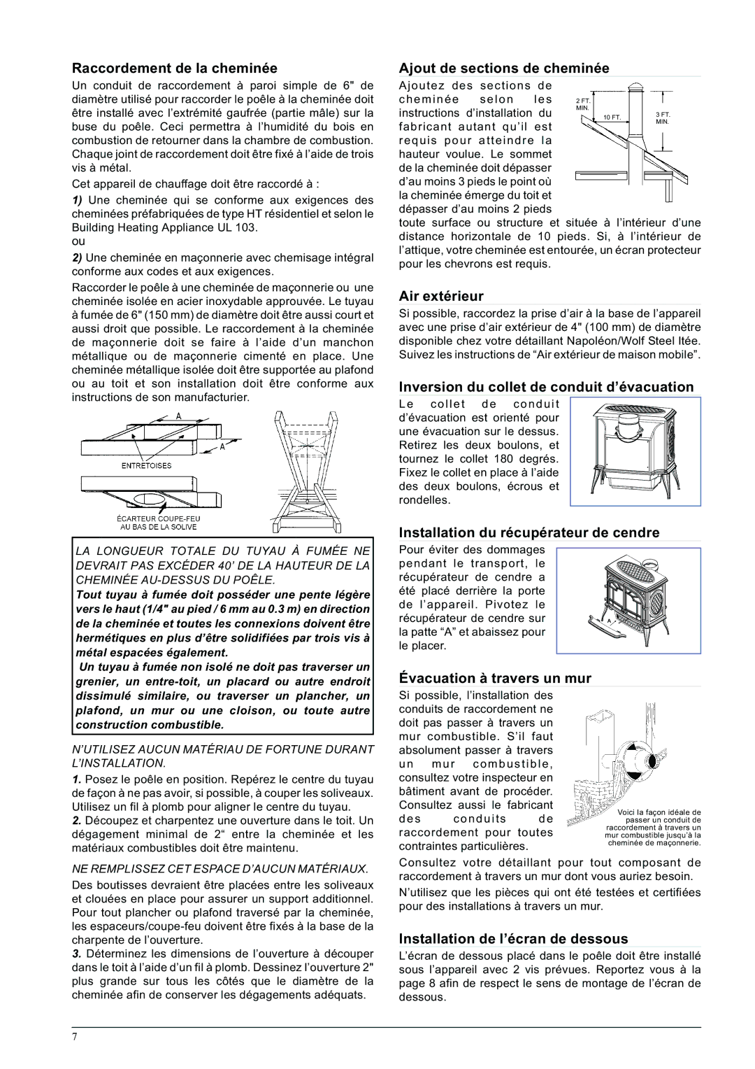 Napoleon Fireplaces 1600C-1 specifications Raccordement de la cheminée, Ajout de sections de cheminée, Air extérieur 