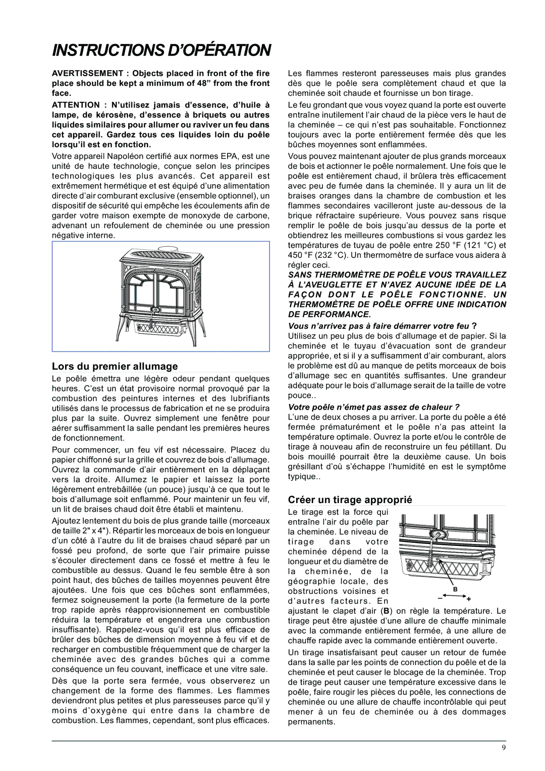 Napoleon Fireplaces 1600C-1 specifications Lors du premier allumage, Créer un tirage approprié 