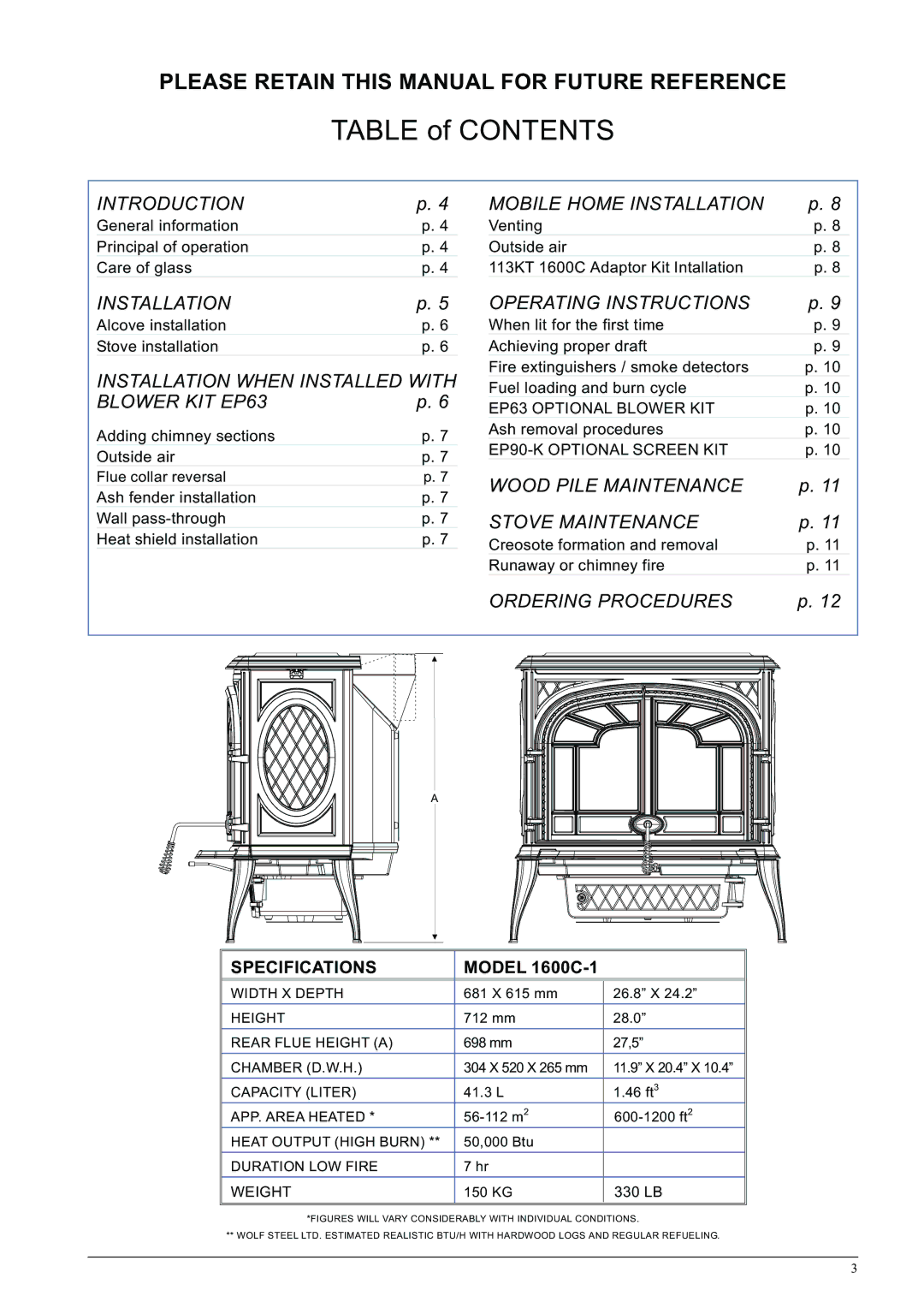 Napoleon Fireplaces 1600C-1 specifications Table of Contents 