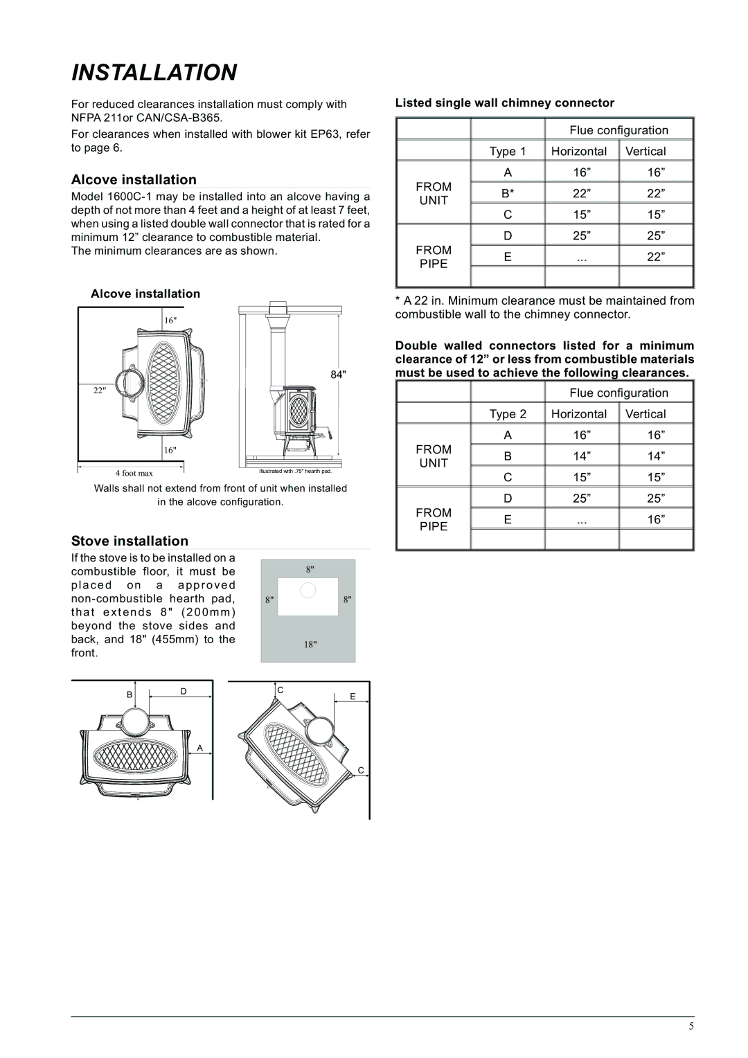 Napoleon Fireplaces 1600C-1 specifications Installation, Alcove installation, Stove installation 