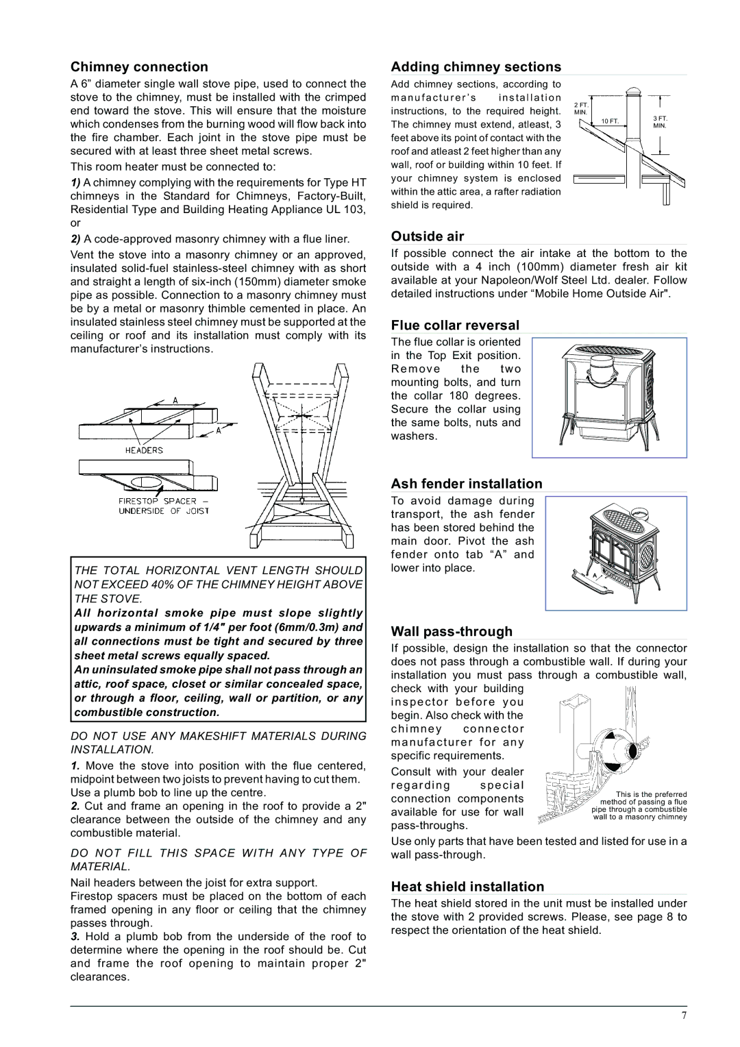 Napoleon Fireplaces 1600C-1 specifications Chimney connection Adding chimney sections, Outside air Flue collar reversal 